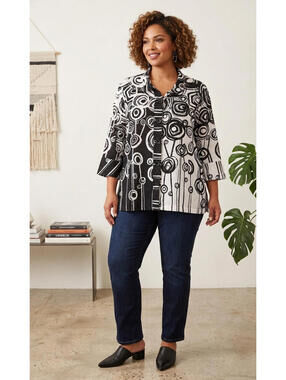 NEW Ali Miles Women Tops Plus 2X White Black 3/4 Sleeve Button Up Tunic NWOT